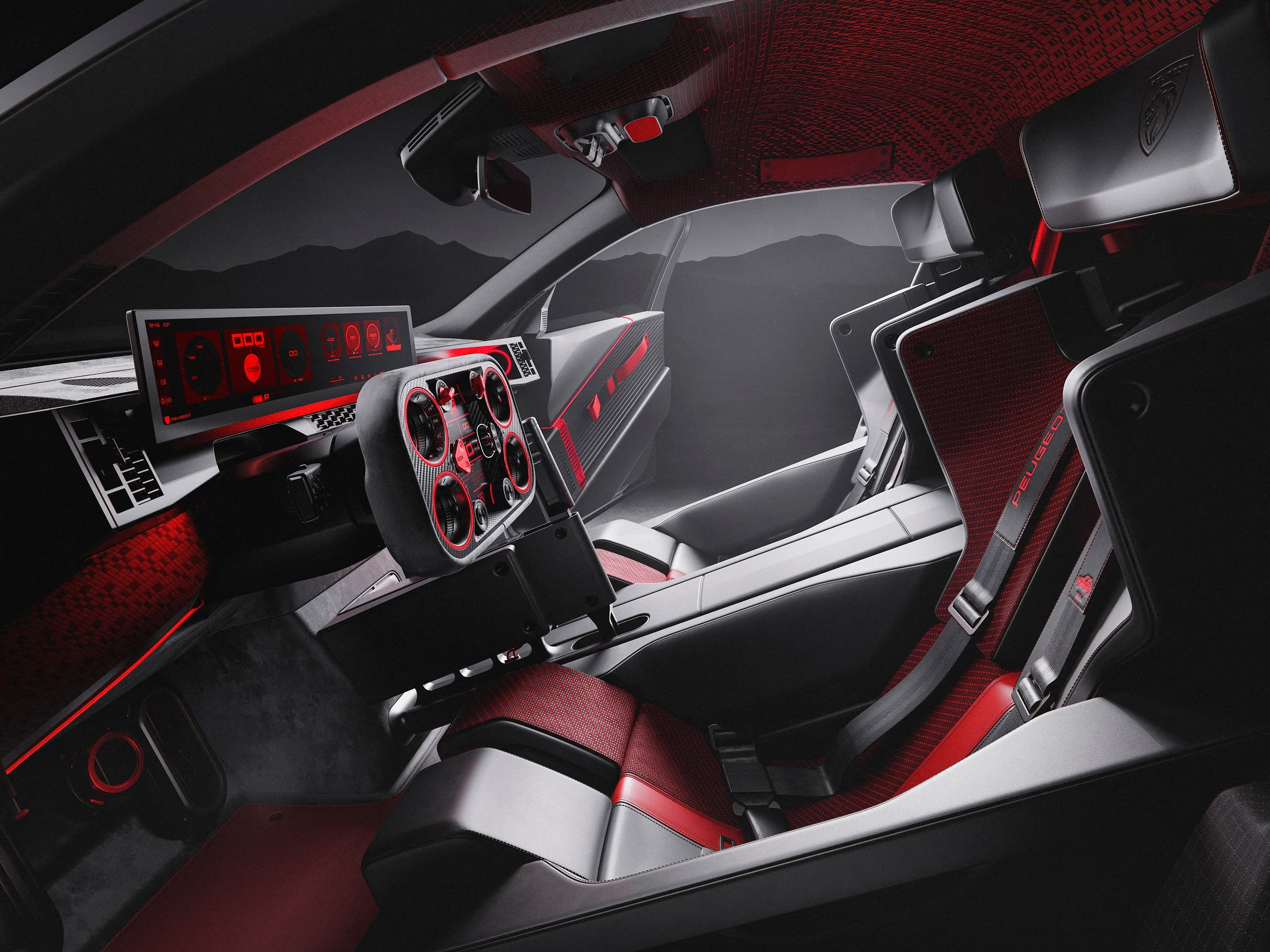 Der Innenraum des Peugeot E-T16 Concept zeigt das innovative Hypersquare-Lenkrad und das futuristische i-Cockpit-Design
