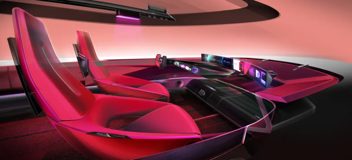 Innenraum des Renault E-Space Concept mit sechs drehbaren Einzelsitzen, flachem Boden und großem Panorama-Display.