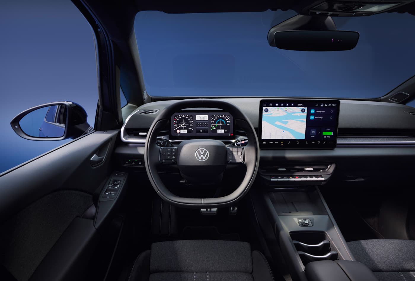 Blick auf das Lenkrad des Volkswagen ID.3 Neo mit physischen Tasten für die Fahrzeugbedienung
