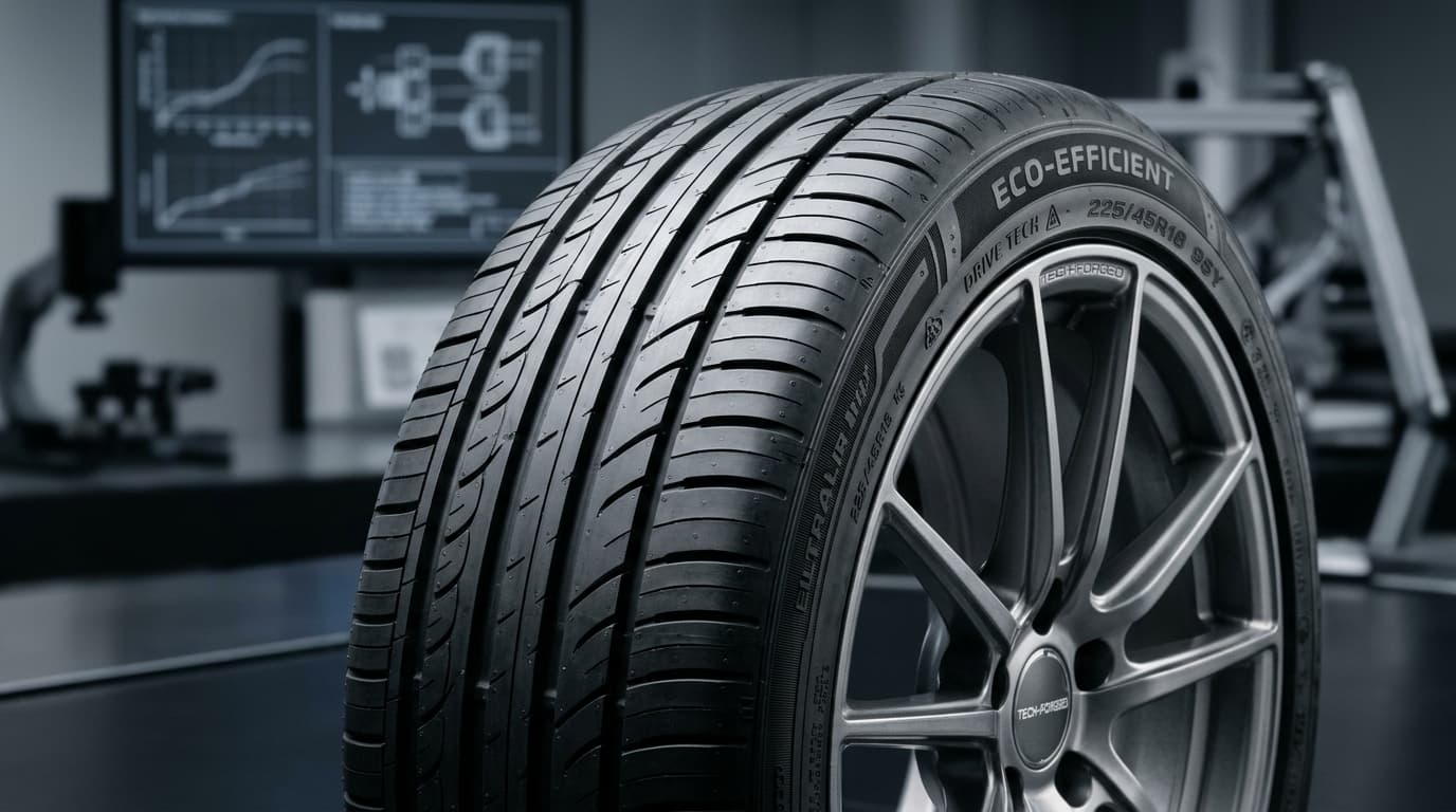 Nahaufnahme eines optimierten Elektroauto-Reifens, der den niedrigen Rollwiderstand symbolisiert.