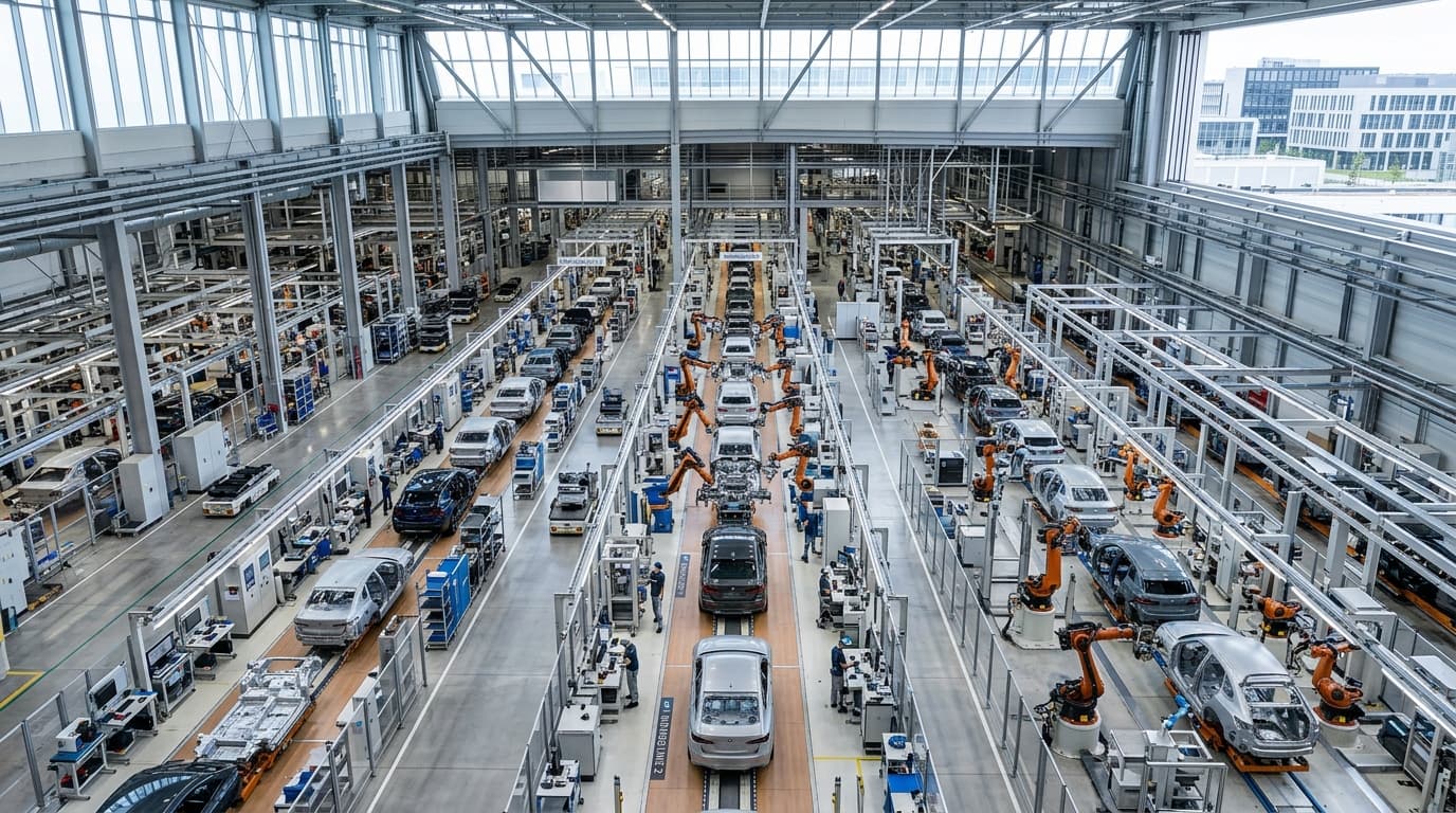 Blick in eine moderne BMW-Fabrik mit Produktionslinie für Elektrofahrzeuge