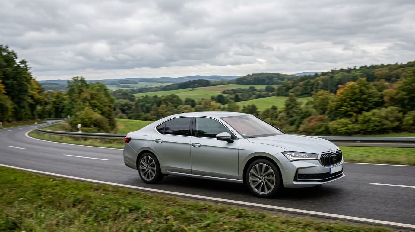 Škoda Superb der vierten Generation, silberne Limousine in Seitenansicht