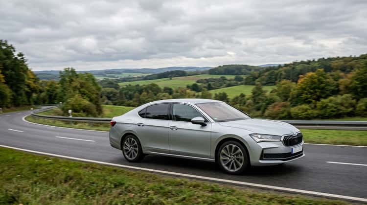 Škoda Superb der vierten Generation, silberne Limousine in Seitenansicht