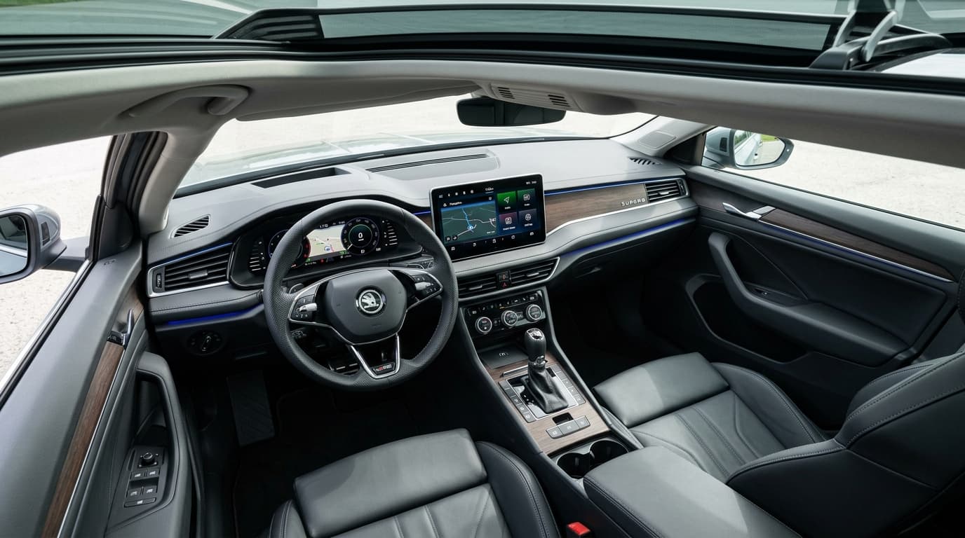 Innenraum des Škoda Superb mit modernem Armaturenbrett und digitalen Kontrollelementen