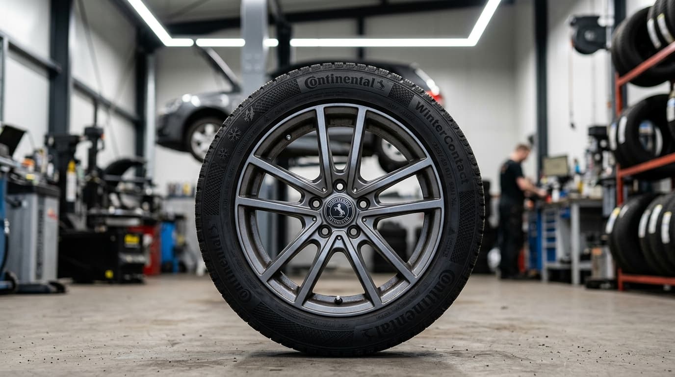 Detailaufnahme eines Autorads mit Winterreifen auf einer Alufelge in einer Werkstatt