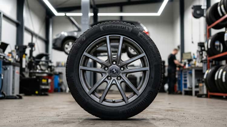 Detailaufnahme eines Autorads mit Winterreifen auf einer Alufelge in einer Werkstatt