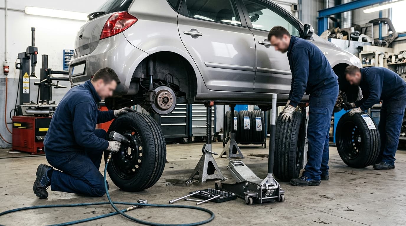 Mechaniker in einer Autowerkstatt montieren neue Reifen an einem Fahrzeug