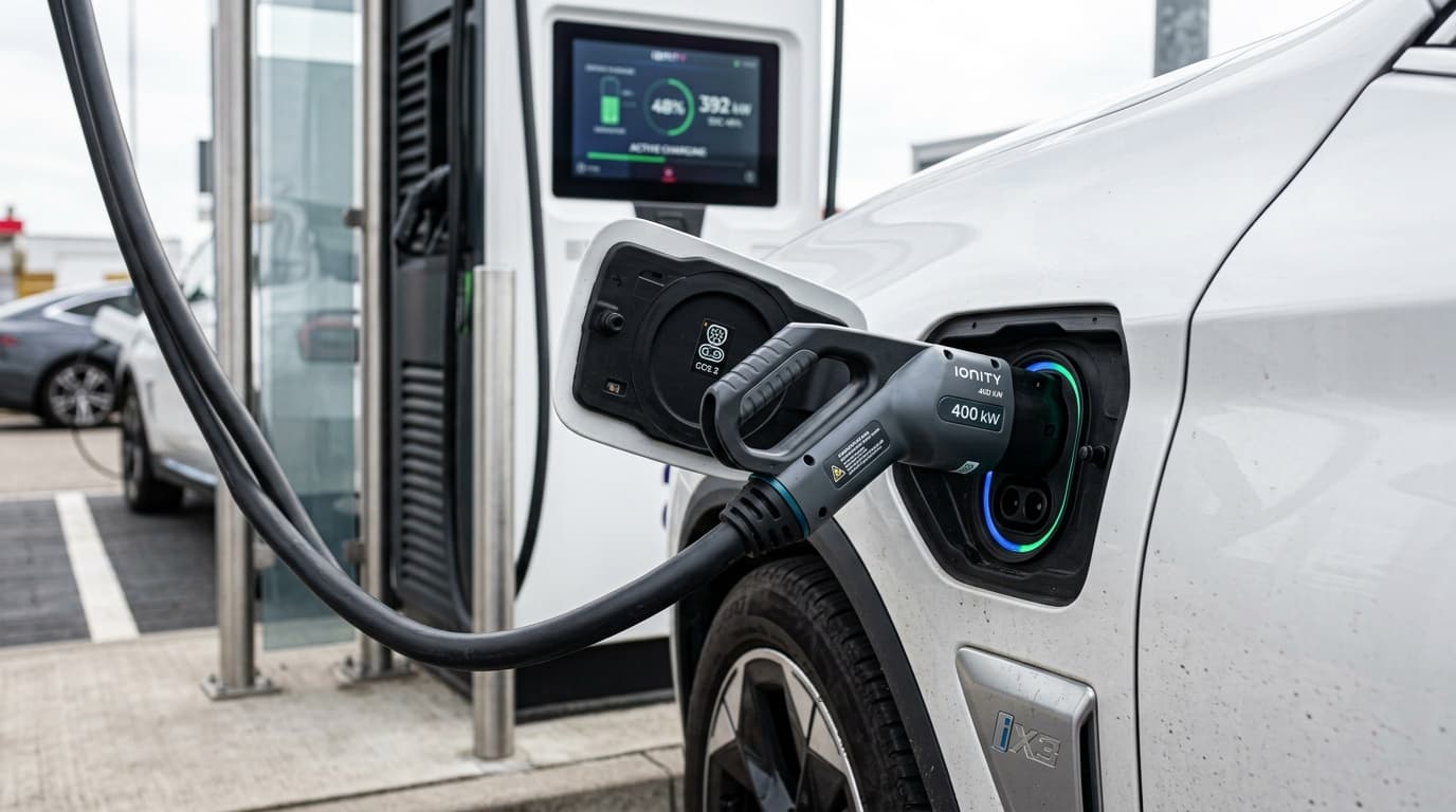 Detailaufnahme eines Schnelllade-Anschlusses am BMW iX3 mit bis zu 400 kW Ladeleistung