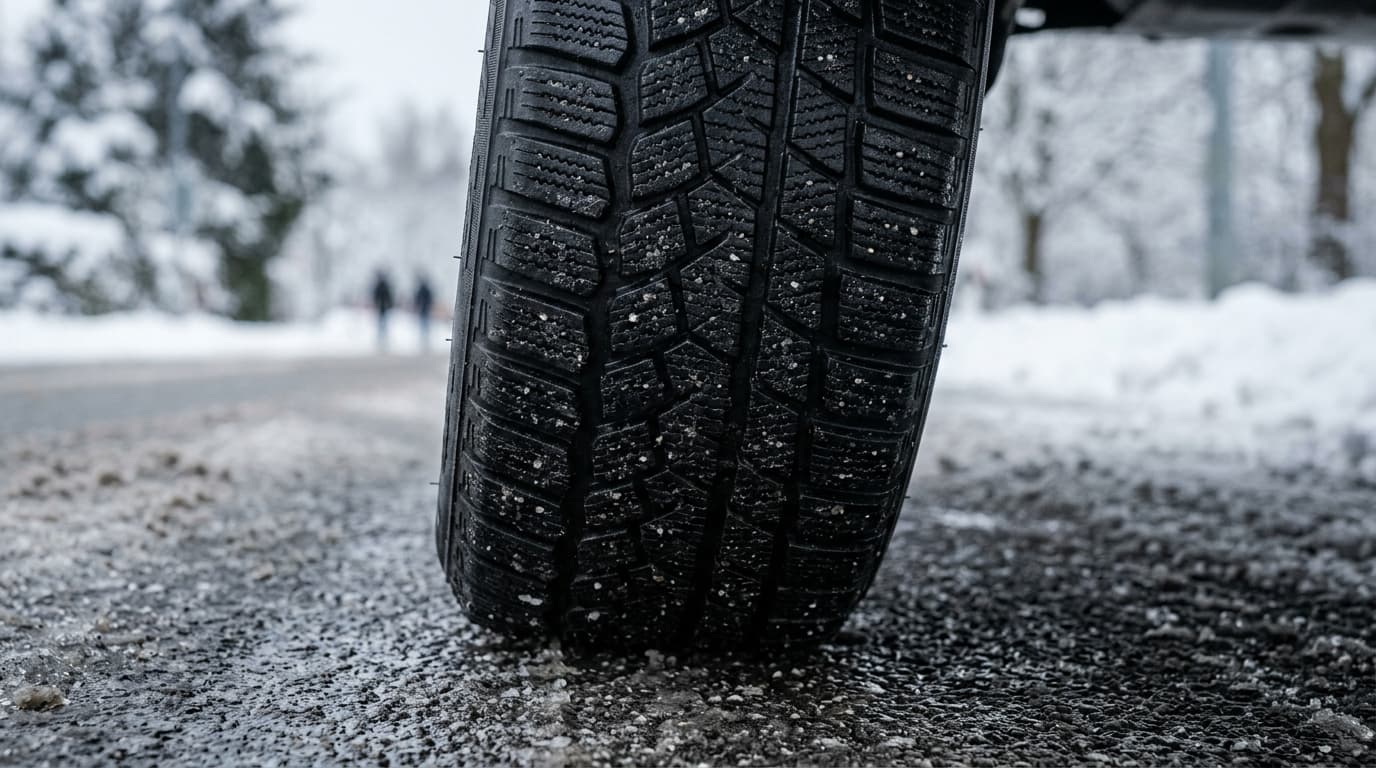 Nahaufnahme eines Winterreifenprofils mit erkennbaren Lamellen und Profilrillen vor unscharfem Schnee und Eis.