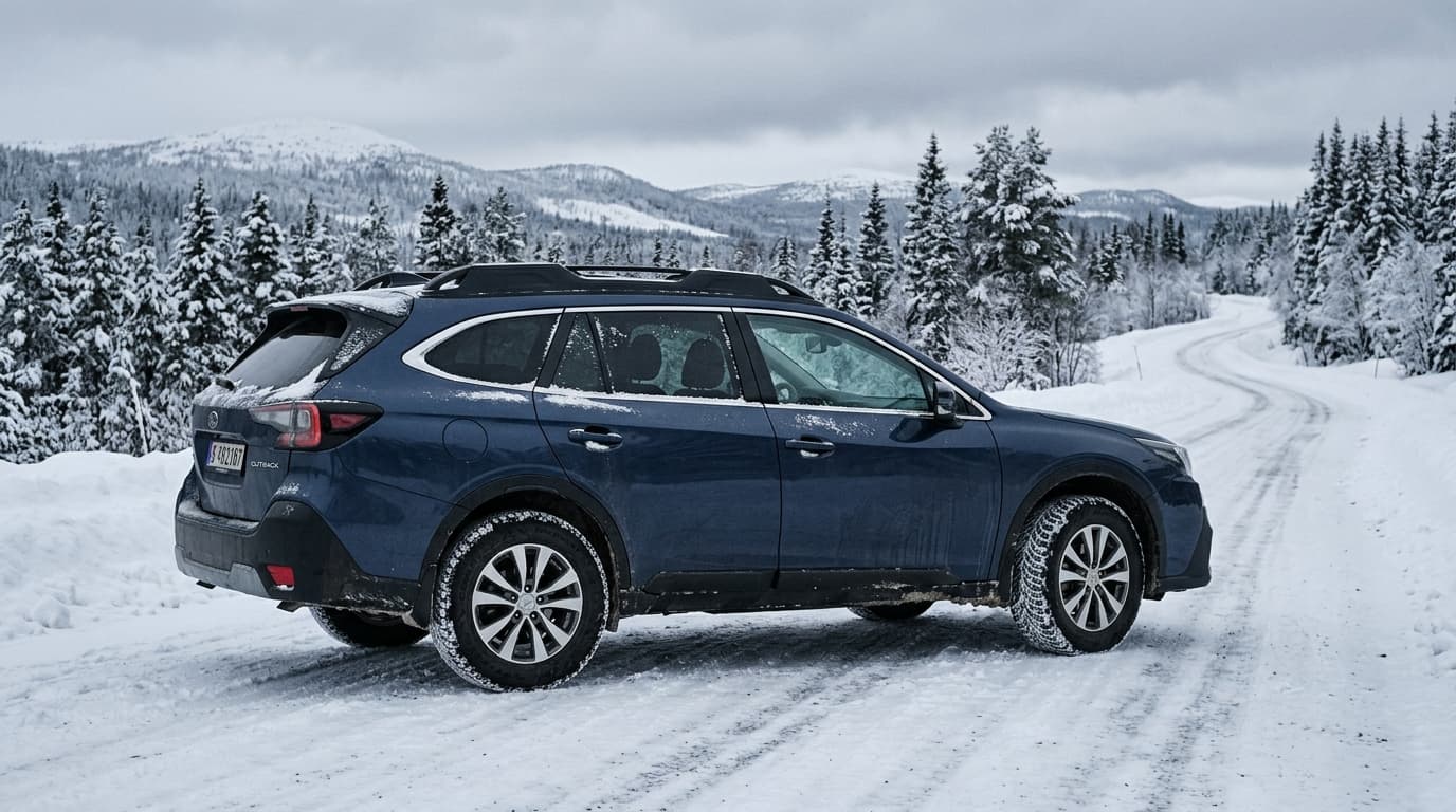 Ein Auto mit sichtbaren Winterreifen steht auf einer verschneiten Straße in grauer Winterbeleuchtung.