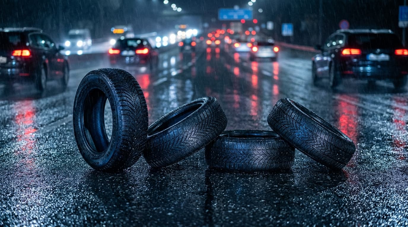 Mehrere Winterreifen liegen auf nasser Asphaltfläche mit Regentropfen, im Hintergrund verschwommene Bremslichter bei Nässe.