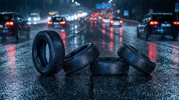 Mehrere Winterreifen liegen auf nasser Asphaltfläche mit Regentropfen, im Hintergrund verschwommene Bremslichter bei Nässe.