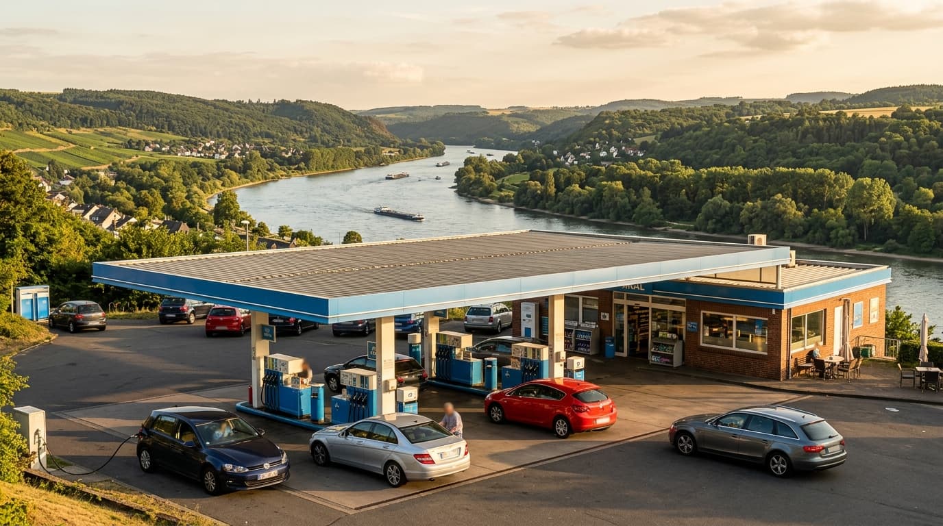 Tankstelle mit mehreren Zapfsäulen an einem Sommernachmittag, Flusslandschaft im Hintergrund