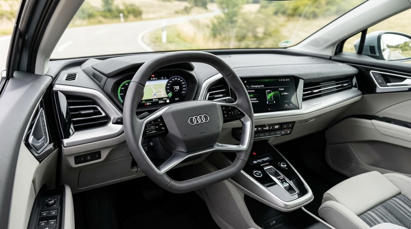 Innenraum des Audi A2 e-tron mit modernem Cockpit-Design und digitalem Display