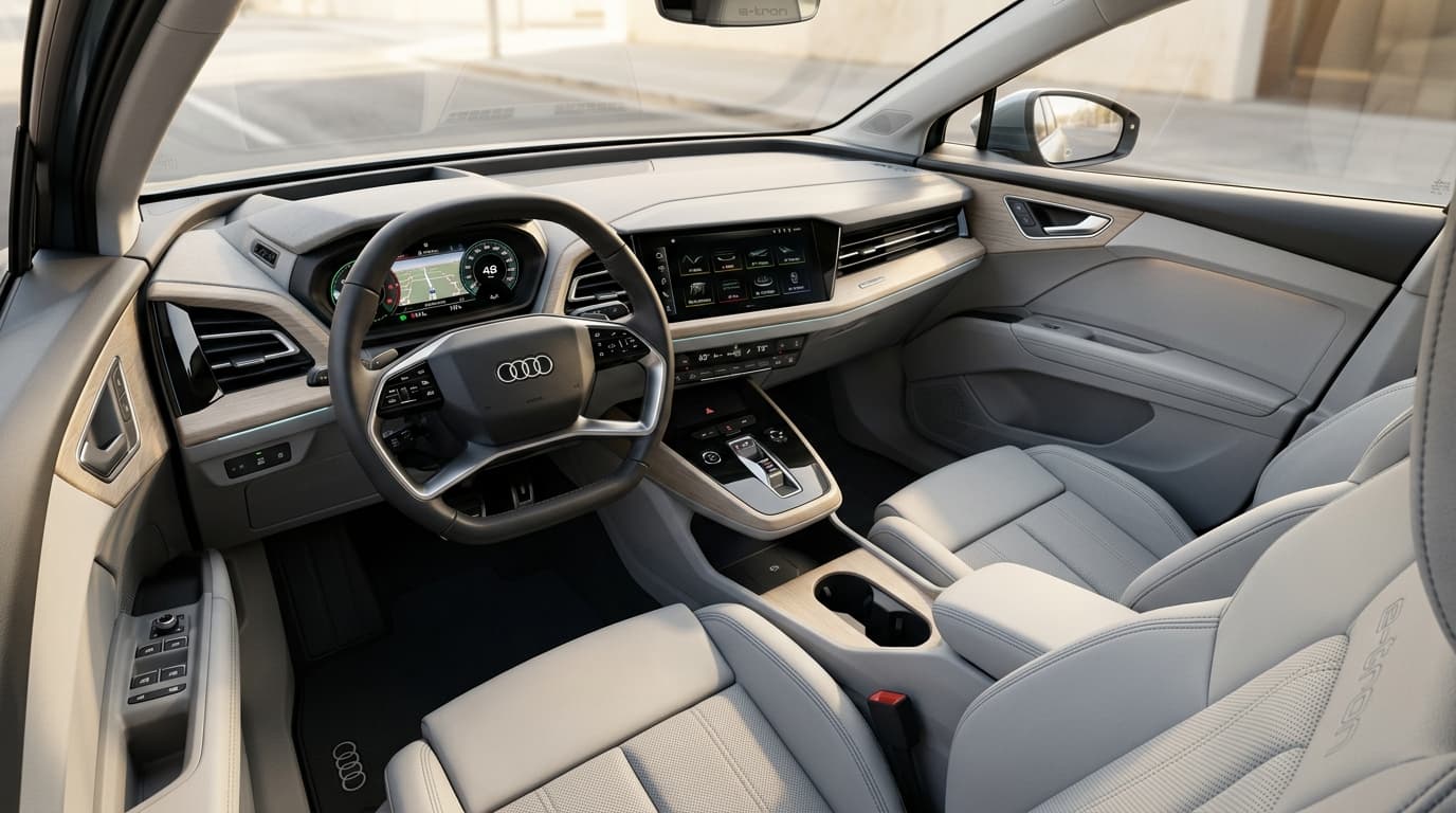 Blick ins Cockpit des Audi A2 e-tron mit digitalem Kombiinstrument, zentral positioniertem Touchscreen und modernem Lenkrad