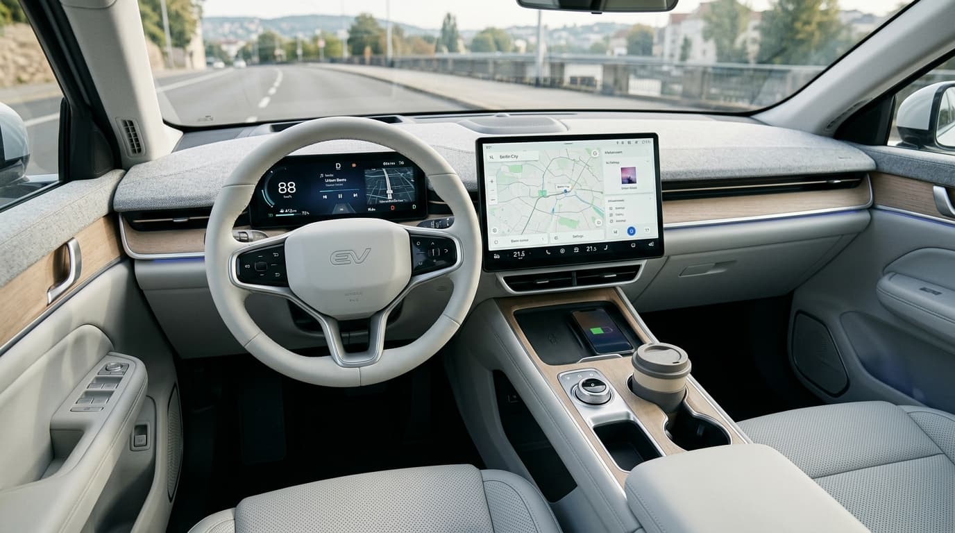 Innenansicht eines Elektroauto-Fahrerplatzes mit digitalem Cockpit und modernem Bedienkonzept