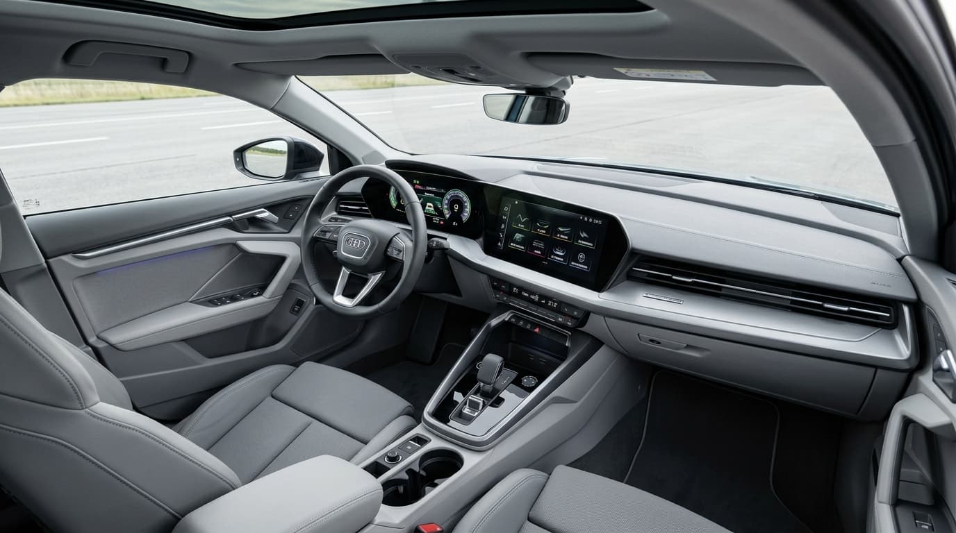 Das neue Curved-Display-Cockpit des Audi A3 mit gebogenem Fahrerdisplay und MMI-Touchscreen