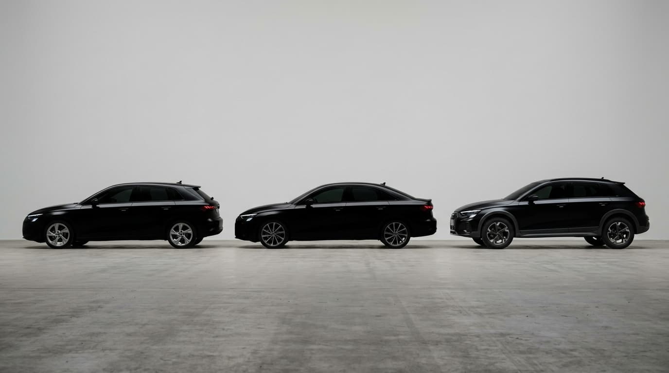 Silhouetten der drei Audi A3 Karosserievarianten: Sportback, Limousine und allstreet