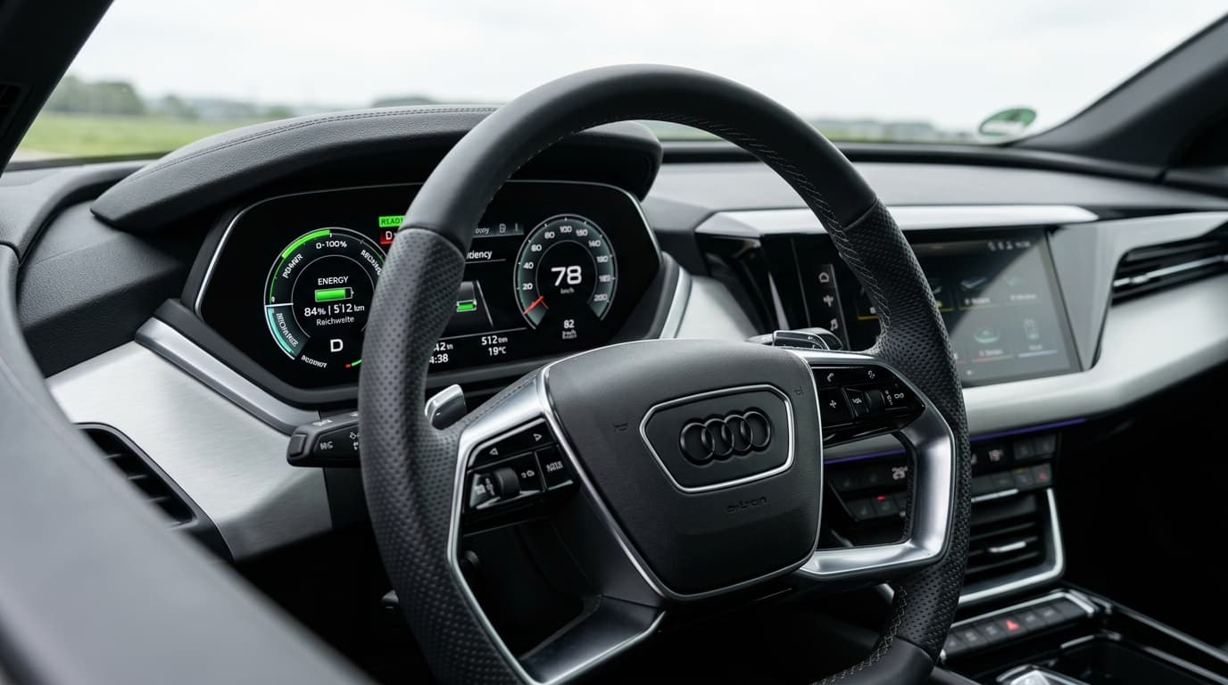 Cockpit des Audi A6 e-tron mit digitalem Display, das Reichweite und Energieverbrauch anzeigt.