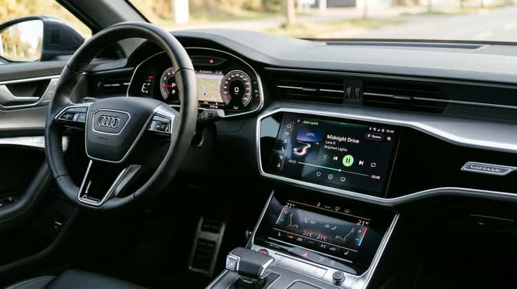 Infotainment-Display eines modernen Audi mit nativer Spotify-App-Oberfläche.