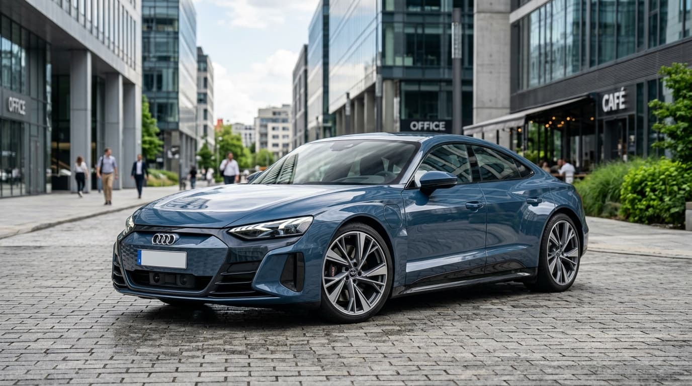 Der Audi E5 Sportback, ein modernes elektrisches Sportback-Coupé mit charakteristischer Frontpartie, in einer urbanen Umgebung geparkt