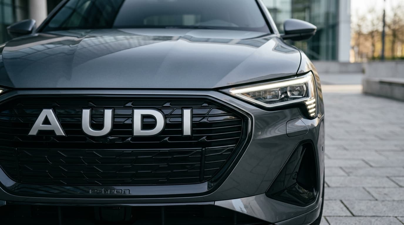 Nahaufnahme eines Audi-Schriftzugs in Großbuchstaben auf einer Fahrzeugfront statt der klassischen vier Ringe – charakteristisch für die China-Modelle E5 Sportback und E7X.