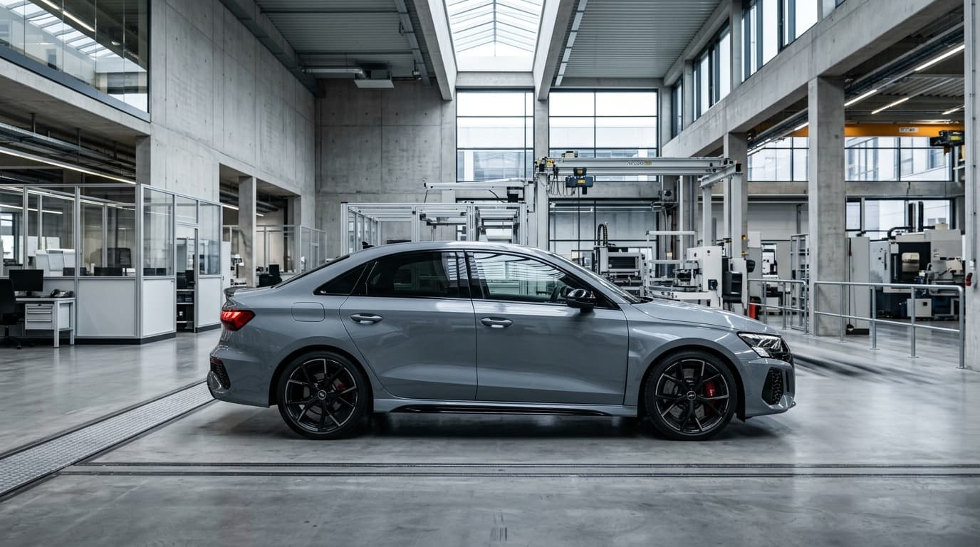 Audi RS3 Limousine in einer modernen Werkstatt-Umgebung