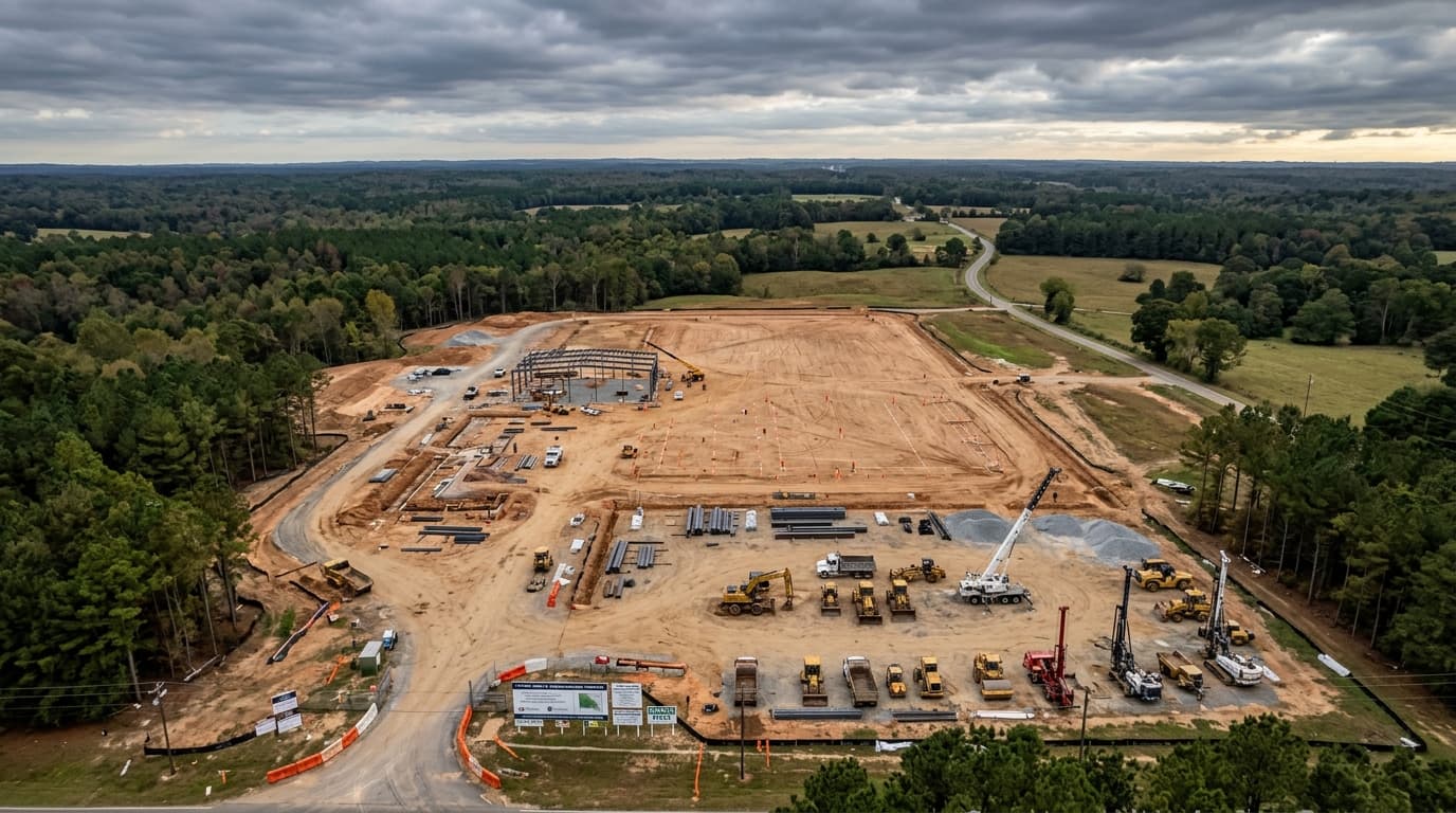 Luftaufnahme einer Baubrache in Perry, Georgia, wo Audi sein erstes US-Werk errichten wird.