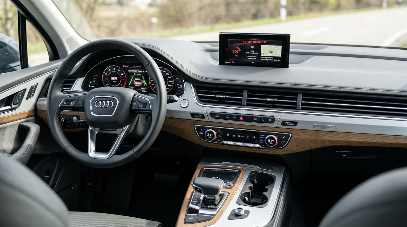 Der Innenraum eines Audi Q7 zeigt das moderne digitale Cockpit und die Mittelkonsole mit Touchscreen