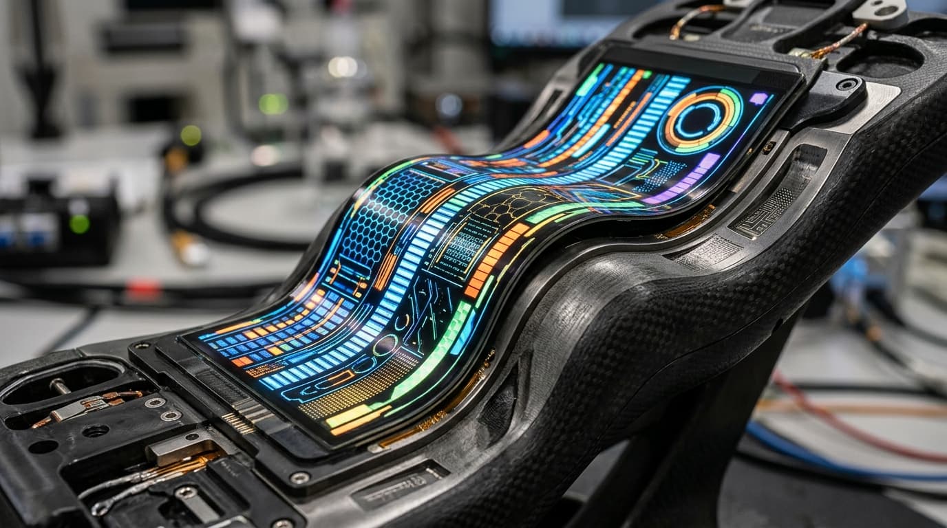Nahaufnahme des gebogenen OLED-Heckpanels mit leuchtenden Segmenten und geometrischen Lichtmustern.