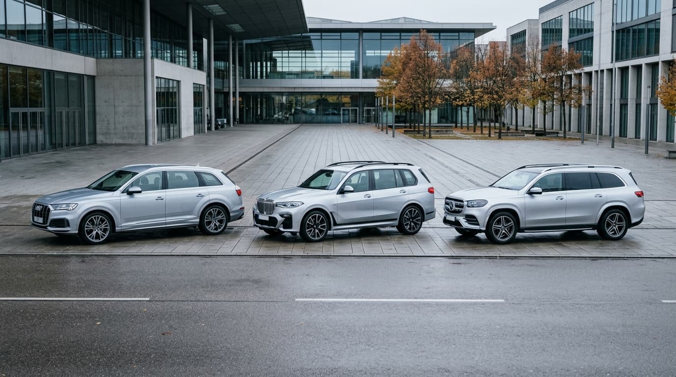 Größenvergleich: Der Audi Q9 zwischen seinen direkten Wettbewerbern BMW X7 und Mercedes GLS