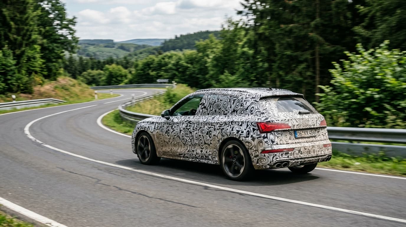 Ein getarnter Audi RS Q5 Erlkönig mit schwarz-weißer Tarnfolie und Camouflage-Verkleidung bei einer Testfahrt auf einer kurvigen Straße in hügeliger Landschaft