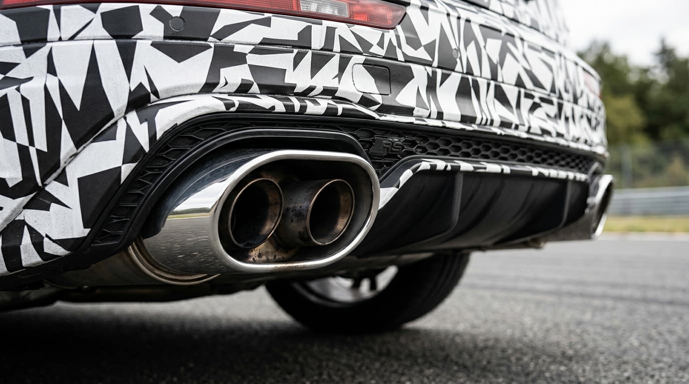 Nahaufnahme der ovalen RS-Endrohrblenden eines getarnten Audi Q5, die typischen doppelrunden Endrohre sichtbar