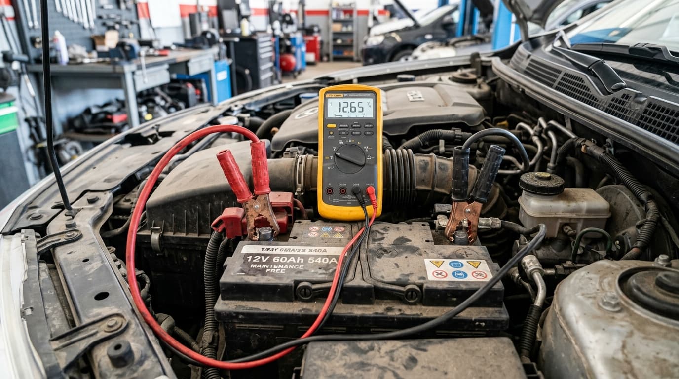 Nahaufnahme einer Autobatterie mit angelegtem Multimeter zur Spannungsprüfung