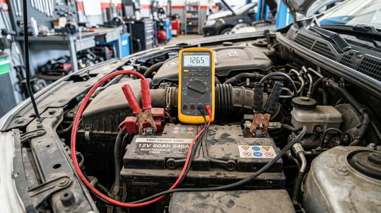 Nahaufnahme einer Autobatterie mit angelegtem Multimeter zur Spannungsprüfung