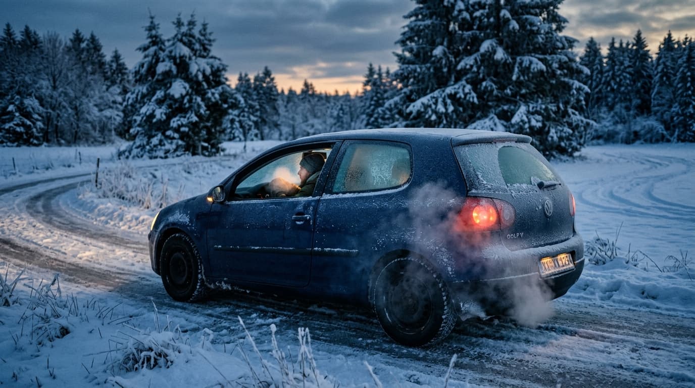 Auto in Winterkälte bei Frost und Schnee, Motorstart in der Morgendämmerung