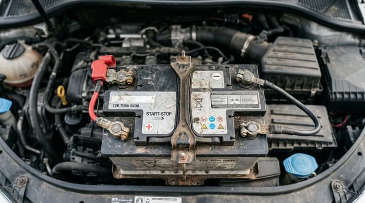 Autobatterie im Motorraum, Nahaufnahme von oben mit sichtbaren Anschlüssen und Verschleißspuren.