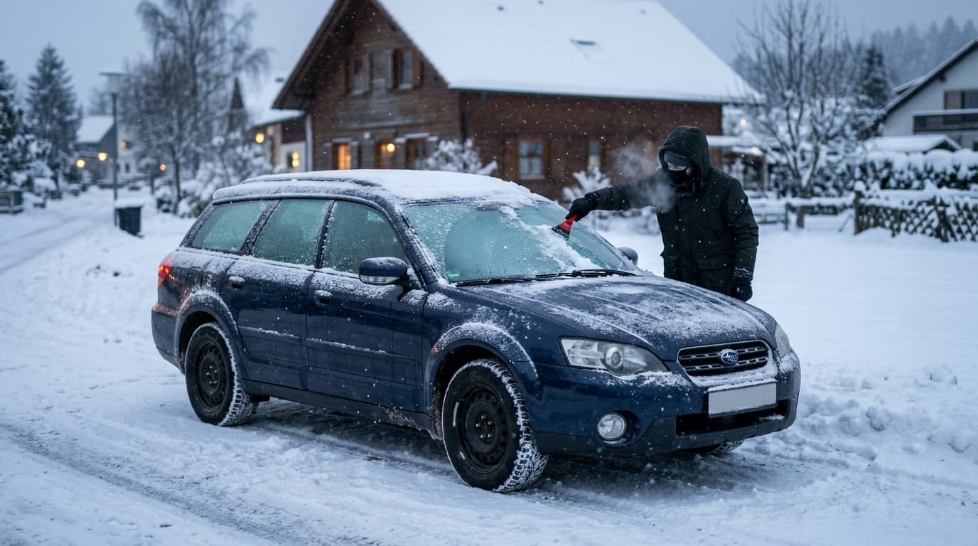 Auto im Winter auf schneebedeckter Straße an einem kalten Morgen.