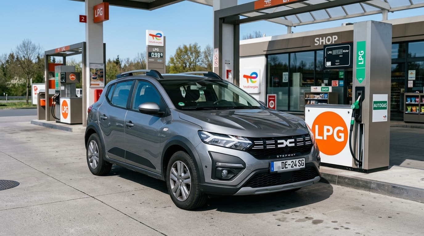 Ein silberner Dacia Sandero ECO-G steht an einer Autogas-Tankstelle mit sichtbarer LPG-Zapfsäule im Hintergrund.