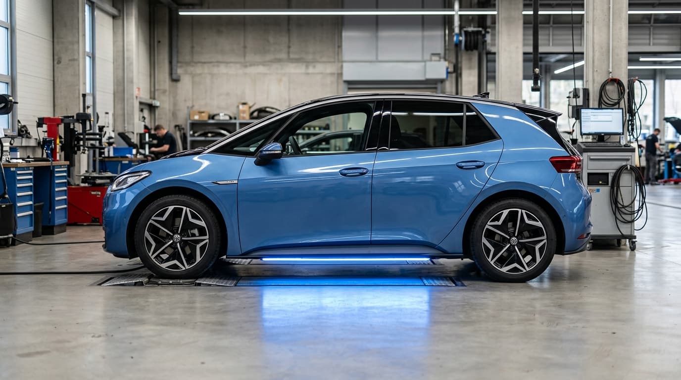Volkswagen ID.3, ein modernes Elektrofahrzeug in Seitenansicht, in einer Werkstatt-Umgebung