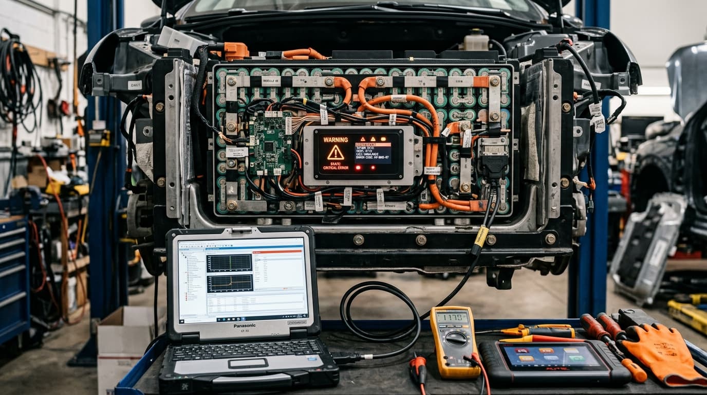 Detailaufnahme von Batteriemodulen eines Elektrofahrzeugs in einer Autowerkstatt mit Diagnose-Geräten