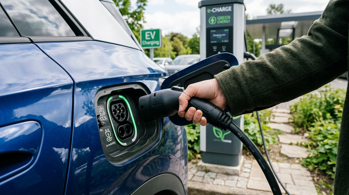 Detailaufnahme eines Ladeanschlusses an einem Elektrofahrzeug