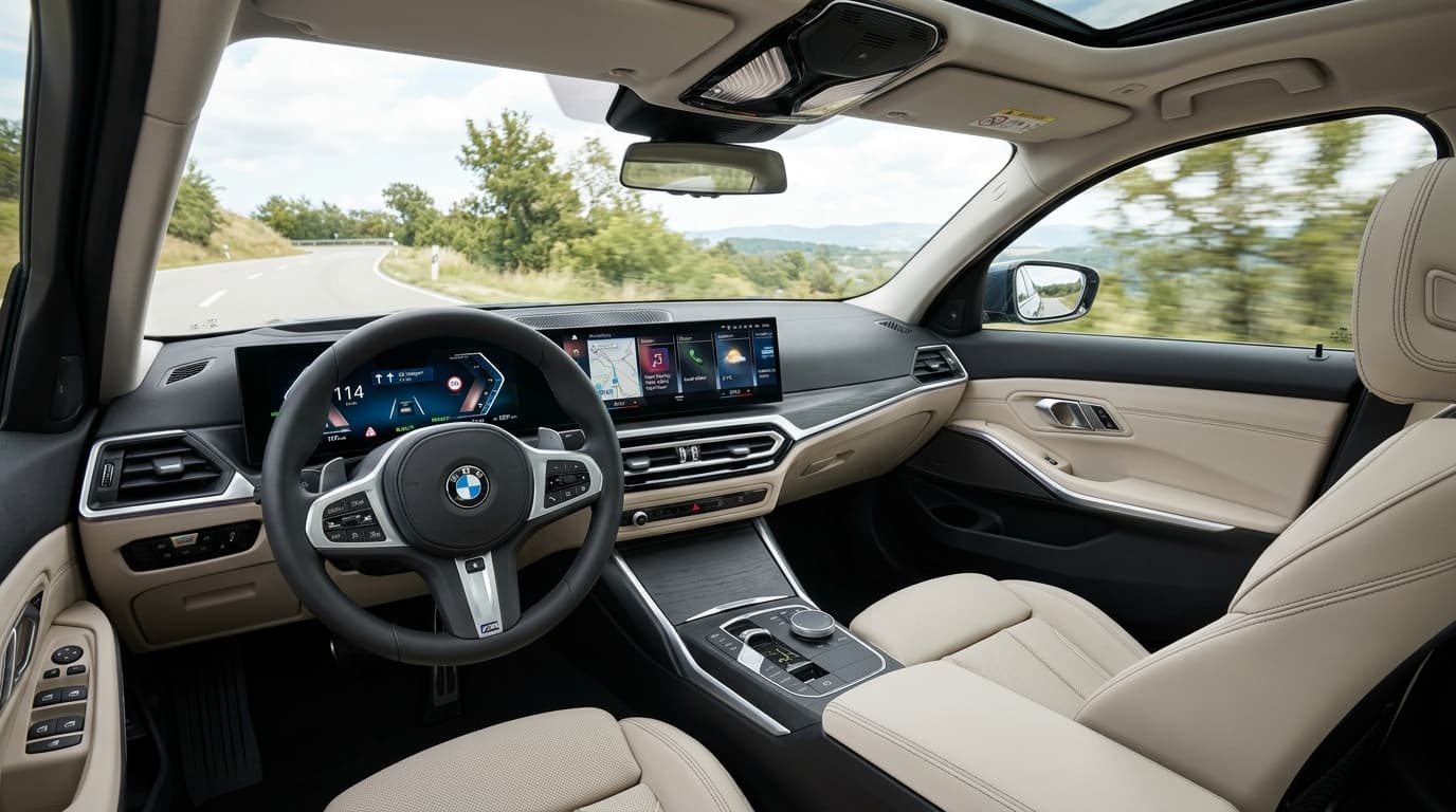 Innenraum des neuen BMW 3er G50 mit Panoramic iDrive, Lenkrad und Panoramic Vision Display
