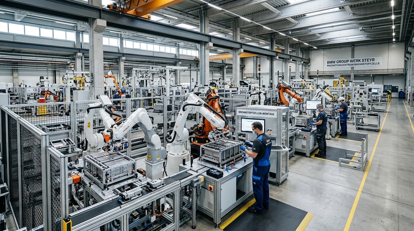 Fertigungshalle im BMW Werk Steyr mit modernen Produktionslinien für Brennstoffzellensysteme, Roboter und Techniker an Montagearbeitsplätzen.
