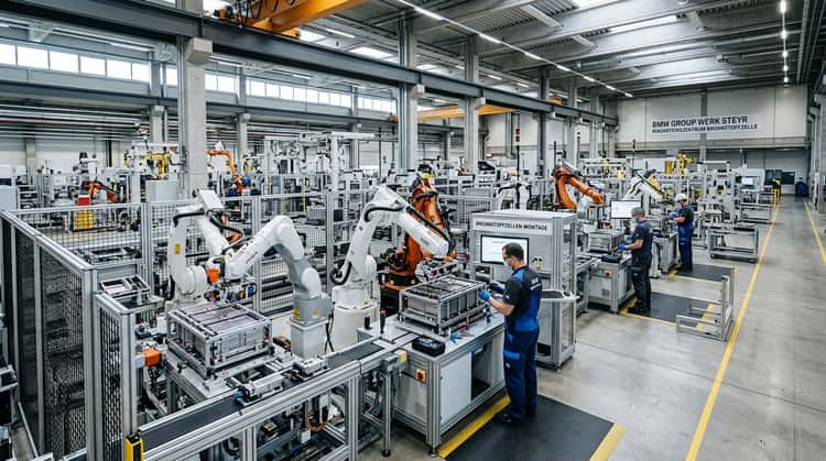 Fertigungshalle im BMW Werk Steyr mit modernen Produktionslinien für Brennstoffzellensysteme, Roboter und Techniker an Montagearbeitsplätzen.