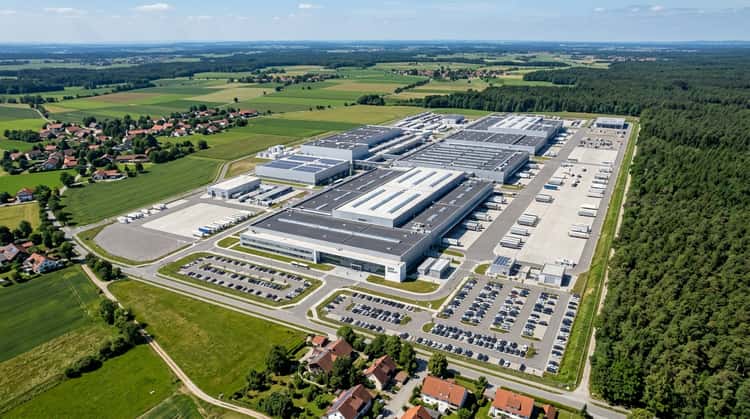 Luftaufnahme des BMW Batteriewerks Irlbach-Straßkirchen in Bayern mit modernen Industriegebäuden und angrenzender Landschaft.