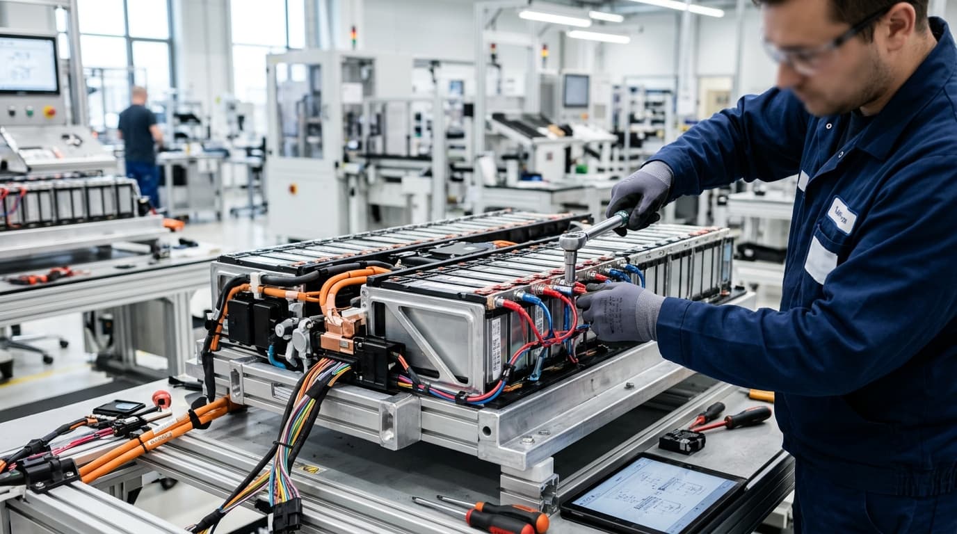 Techniker montiert oder prüft eine Hochvoltbatterie in einer modernen Fabrikhalle.