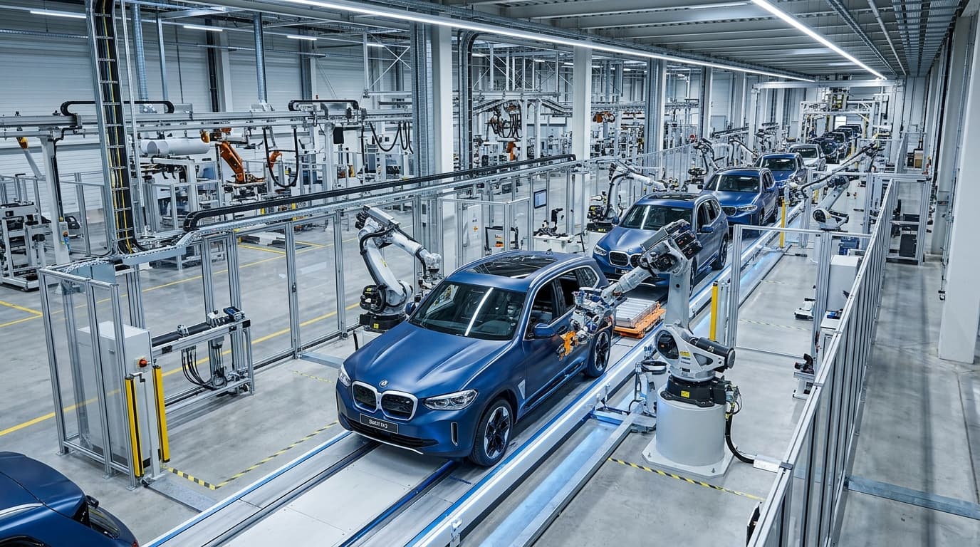 Fertigungsband in einer modernen Automobilfabrik, auf dem ein BMW iX3 montiert wird, umgeben von Industrierobotern und Fertigungsanlagen unter LED-Beleuchtung.