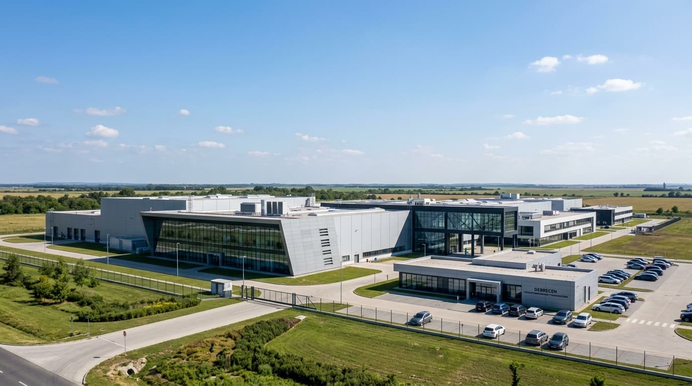 Außenaufnahme des BMW-Werks Debrecen mit modernen Produktionshallen und Industriearchitektur.