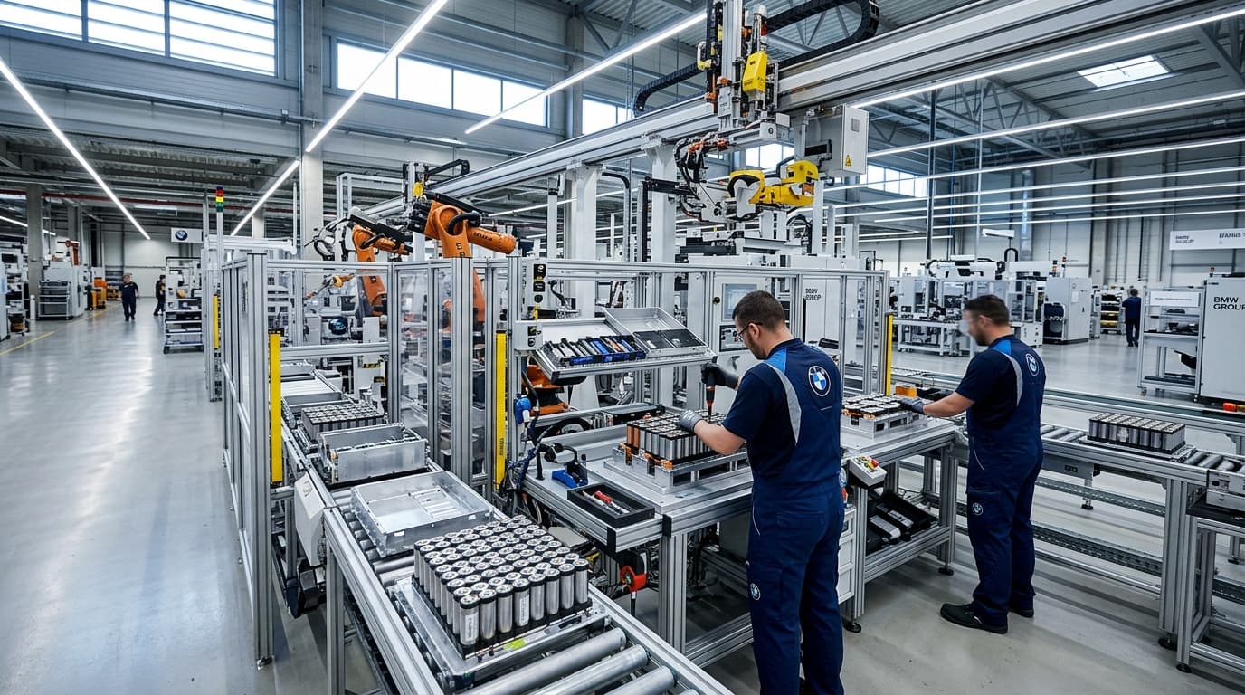 Fertigungshalle eines BMW-Werks mit automatisierten Batteriemontage-Stationen, Roboterarmen und Fließband zur Produktion von Gen6-Akkus.